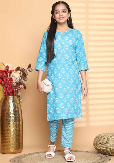 Blue Printed Viscose Kurta Set For Girls — view on Indya