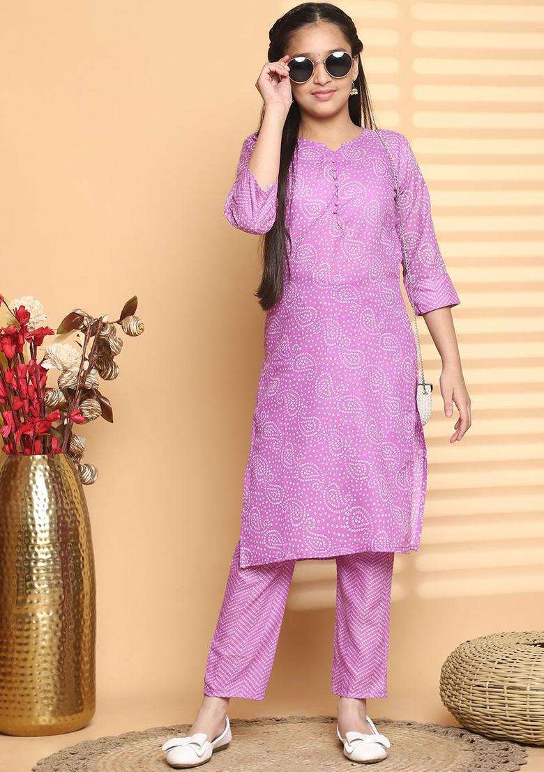 Pink Printed Viscose Kurta Set For Girls - Indya
