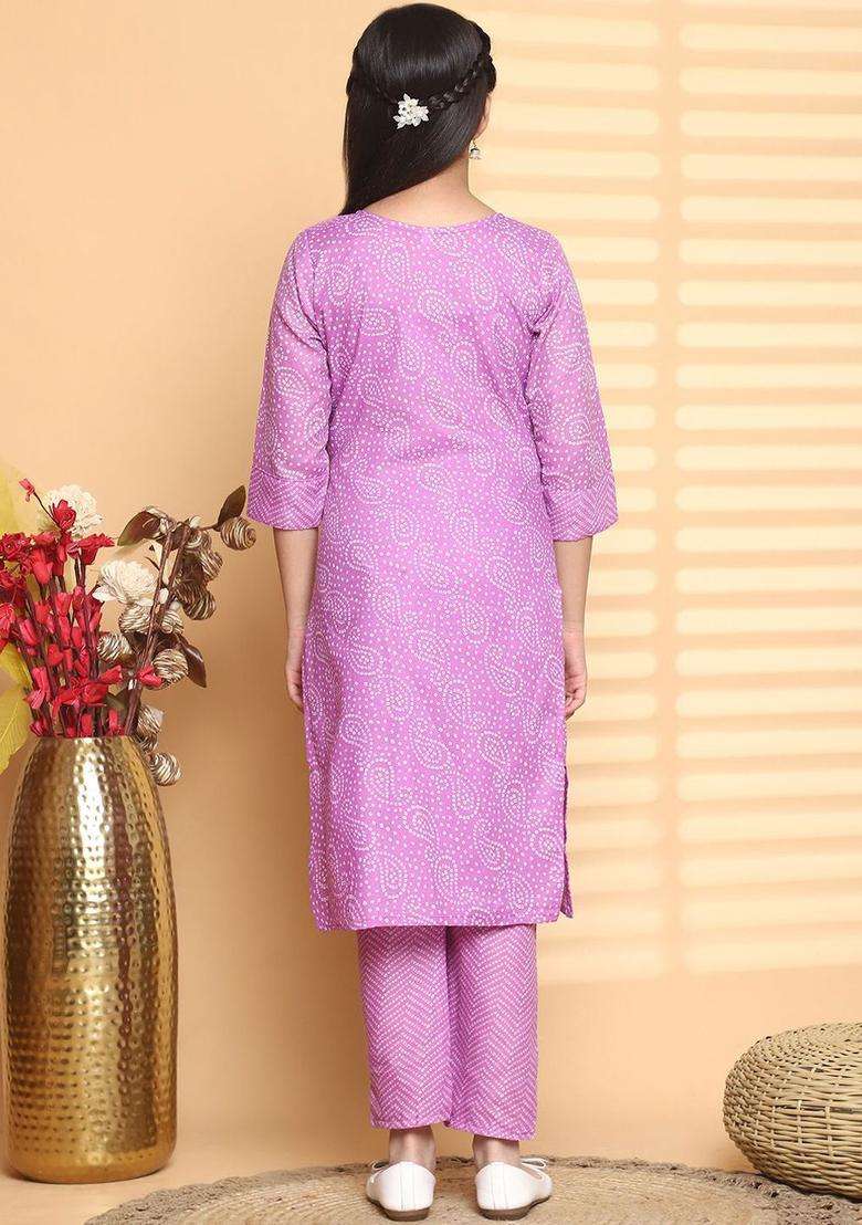 Pink Printed Viscose Kurta Set For Girls - Indya