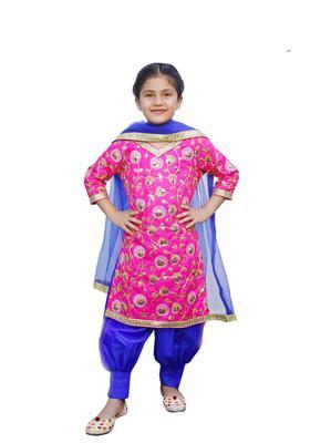 Pink Embroidered Satin Kurta Set For Girls