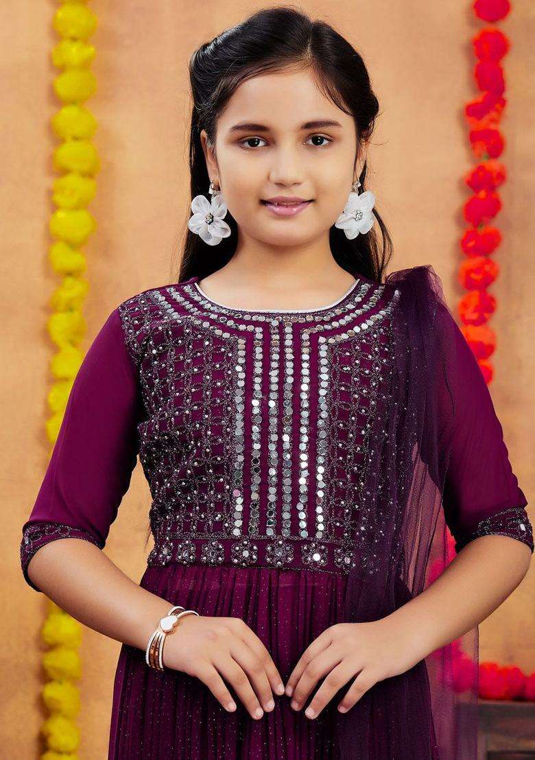 Purple Solid Georgette Kurta Set For Girls - Indya