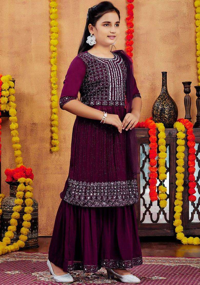 Purple Solid Georgette Kurta Set For Girls - Indya