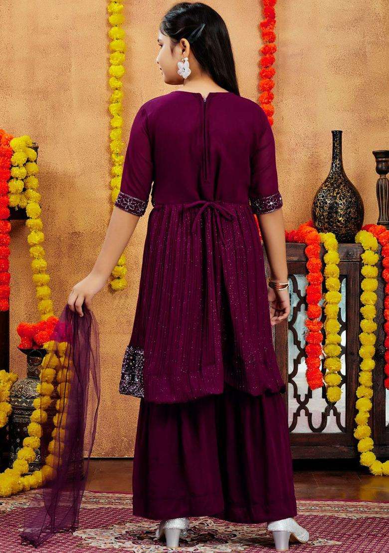 Purple Solid Georgette Kurta Set For Girls - Indya