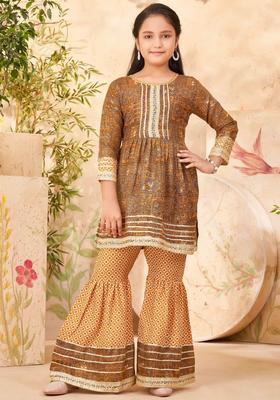 Mustard Printed Cotton Kurta Set For Girls