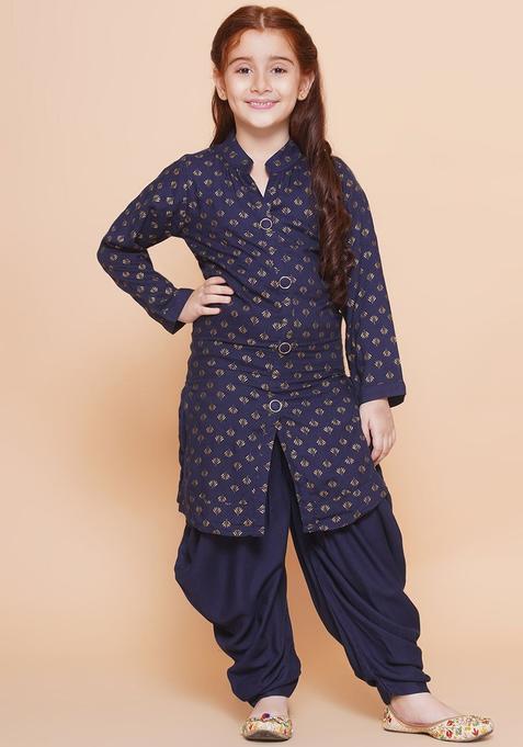 Blue Printed Viscose Kurta Set For Girls — view on Indya