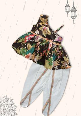 Black Printed Cotton Kurta Set For Girls