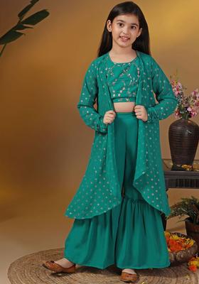 Green Embroidered Georgette Kurta Set For Girls