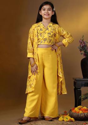 Yellow Embroidered Georgette Kurta Set For Girls