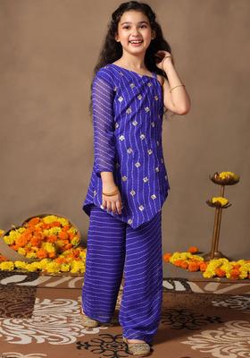 Blue Embroidered Georgette Kurta Set For Girls