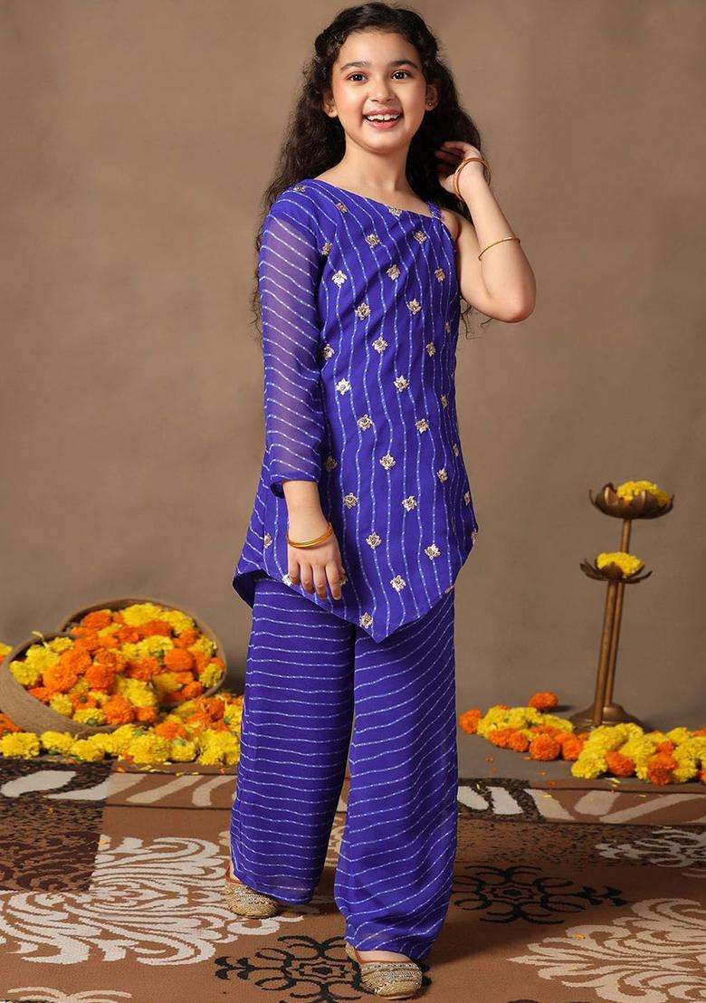 Blue Embroidered Georgette Kurta Set For Girls - Indya