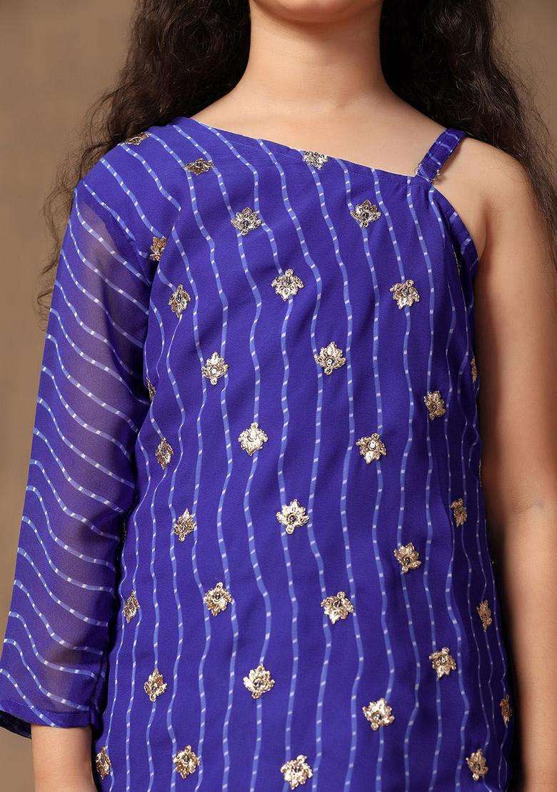 Blue Embroidered Georgette Kurta Set For Girls - Indya