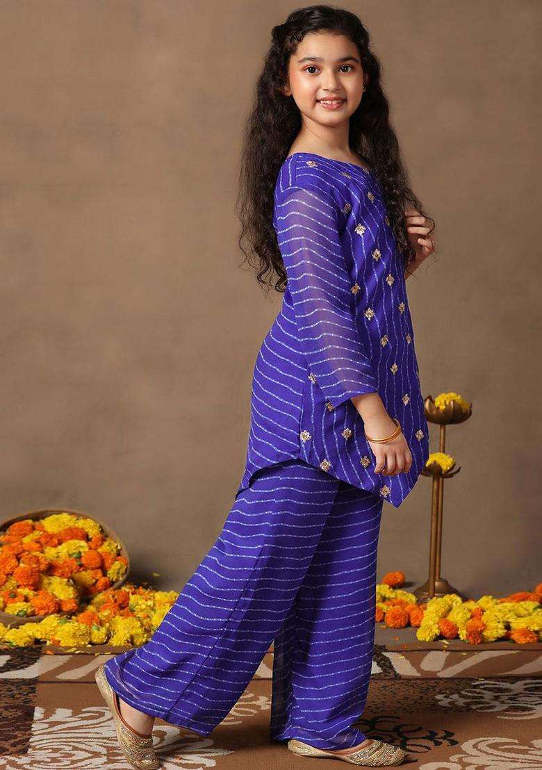 Blue Embroidered Georgette Kurta Set For Girls - Indya