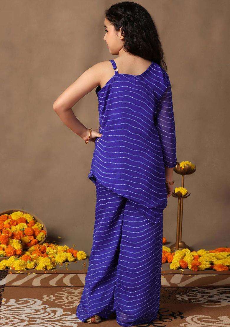 Blue Embroidered Georgette Kurta Set For Girls - Indya