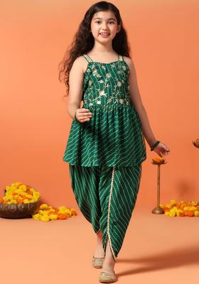 Green Printed Georgette Kurta Set For Girls