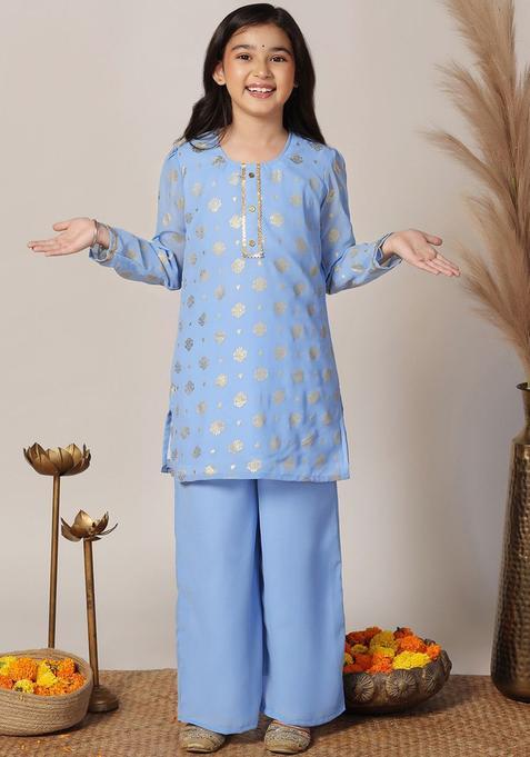 Blue Printed Georgette Kurta Set For Girls — view on Indya