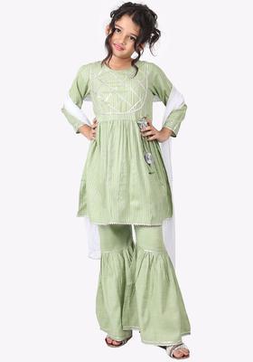 Green Self Design Viscose Kurta Set For Girls