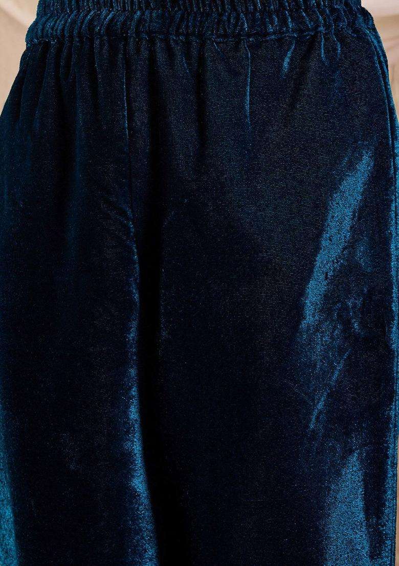 Teal Embroidered Velvet Kurta Set For Girls - Indya