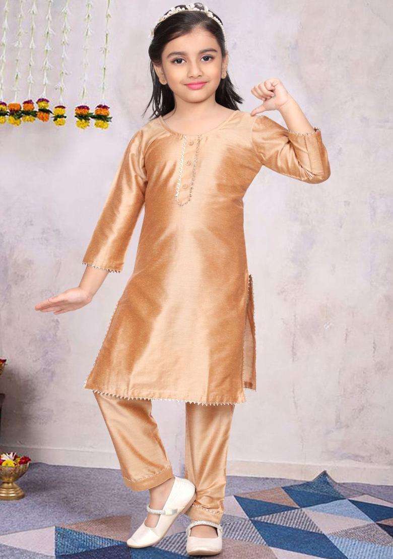 Gold Solid Cotton Kurta Set For Girls - Indya
