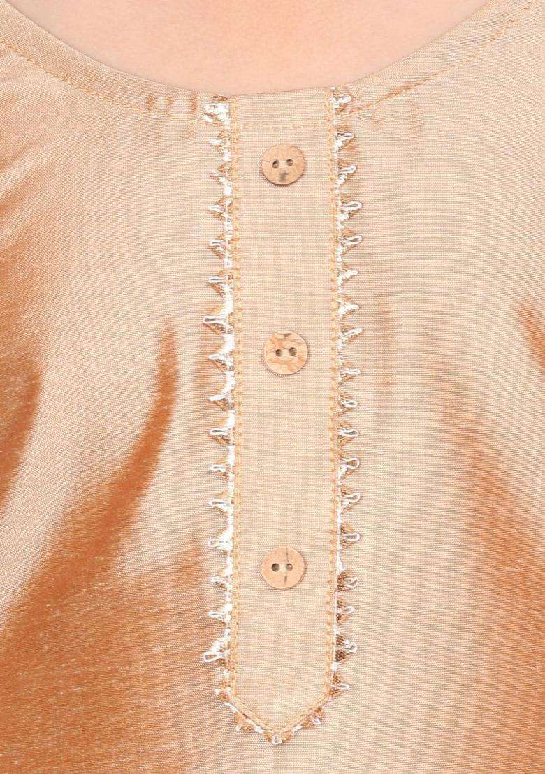 Gold Solid Cotton Kurta Set For Girls - Indya