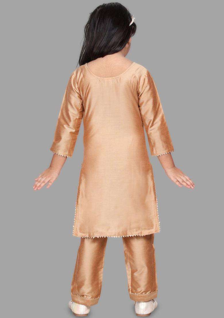 Gold Solid Cotton Kurta Set For Girls - Indya