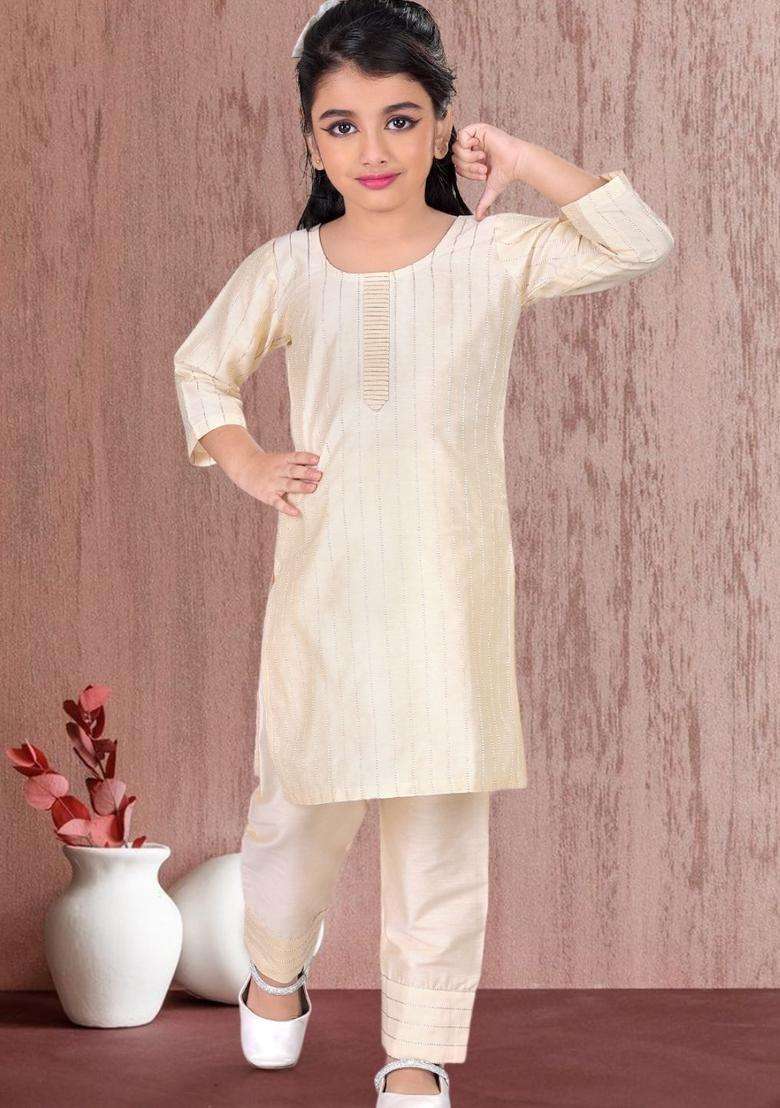 Gold Solid Cotton Kurta Set For Girls - Indya