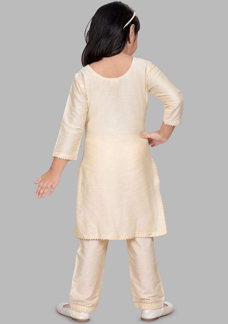 Gold Solid Cotton Kurta Set For Girls - Indya