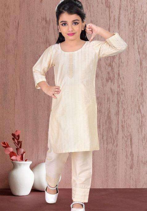 Gold Solid Cotton Kurta Set For Girls
