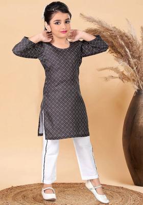 Black Printed Cotton Kurta Set For Girls