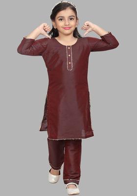 Burgundy Solid Cotton Kurta Set For Girls