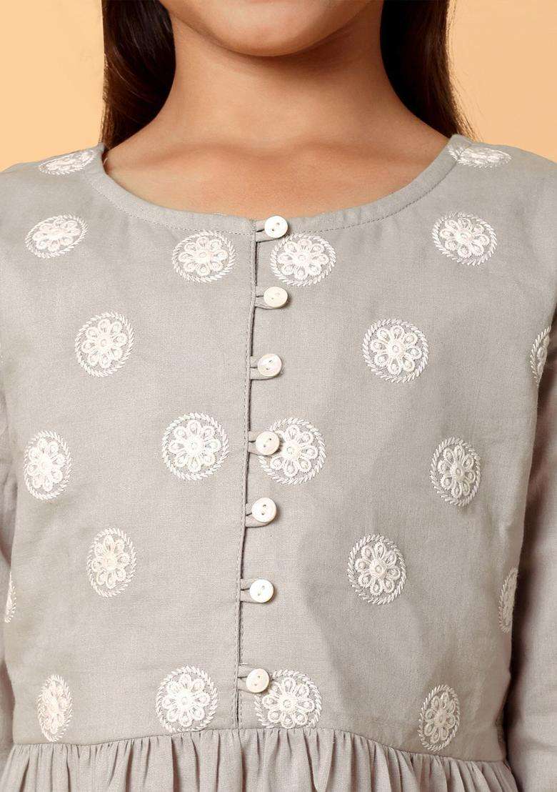 Grey Embroidered Cotton Kurta Set For Girls - Indya