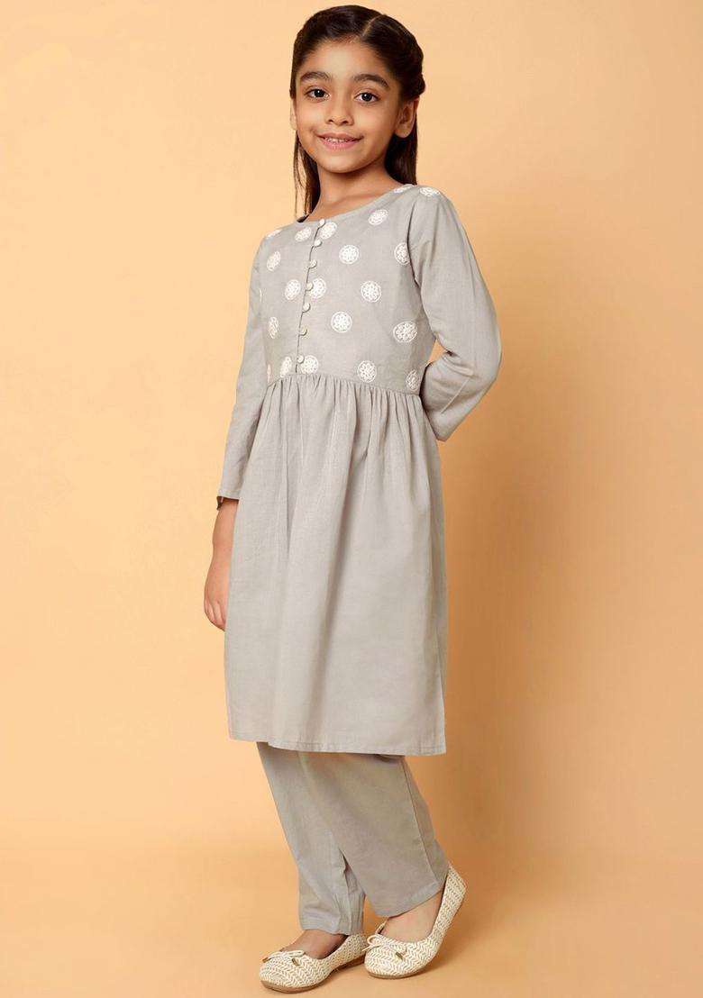 Grey Embroidered Cotton Kurta Set For Girls - Indya