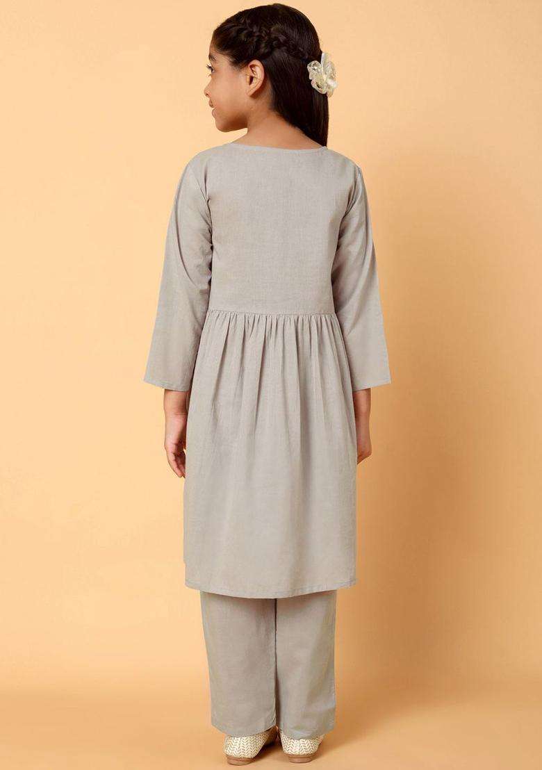 Grey Embroidered Cotton Kurta Set For Girls - Indya