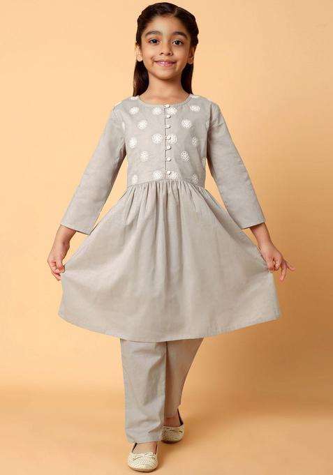 Grey Embroidered Cotton Kurta Set For Girls
