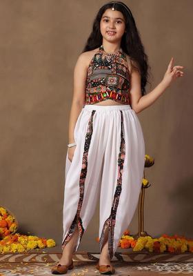 Black Printed Cotton Kurta Set For Girls