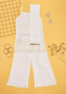 Off White Solid Polyester Kurta Set For Girls