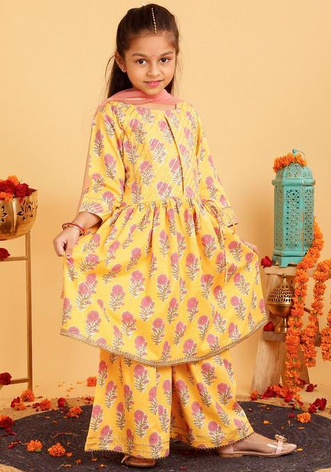 Yellow Printed Cotton Kurta Set For Girls — view on Indya
