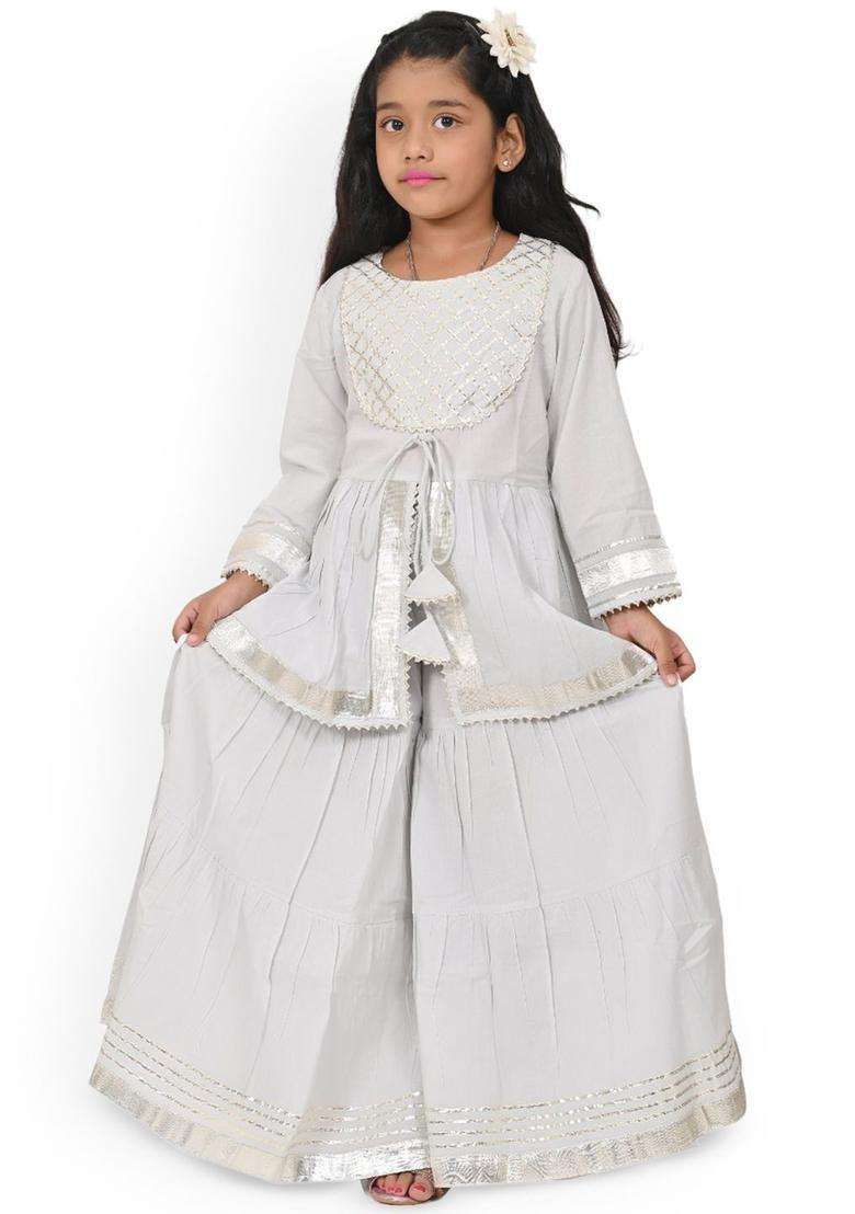 Grey Solid Viscose Kurta Set For Girls - Indya
