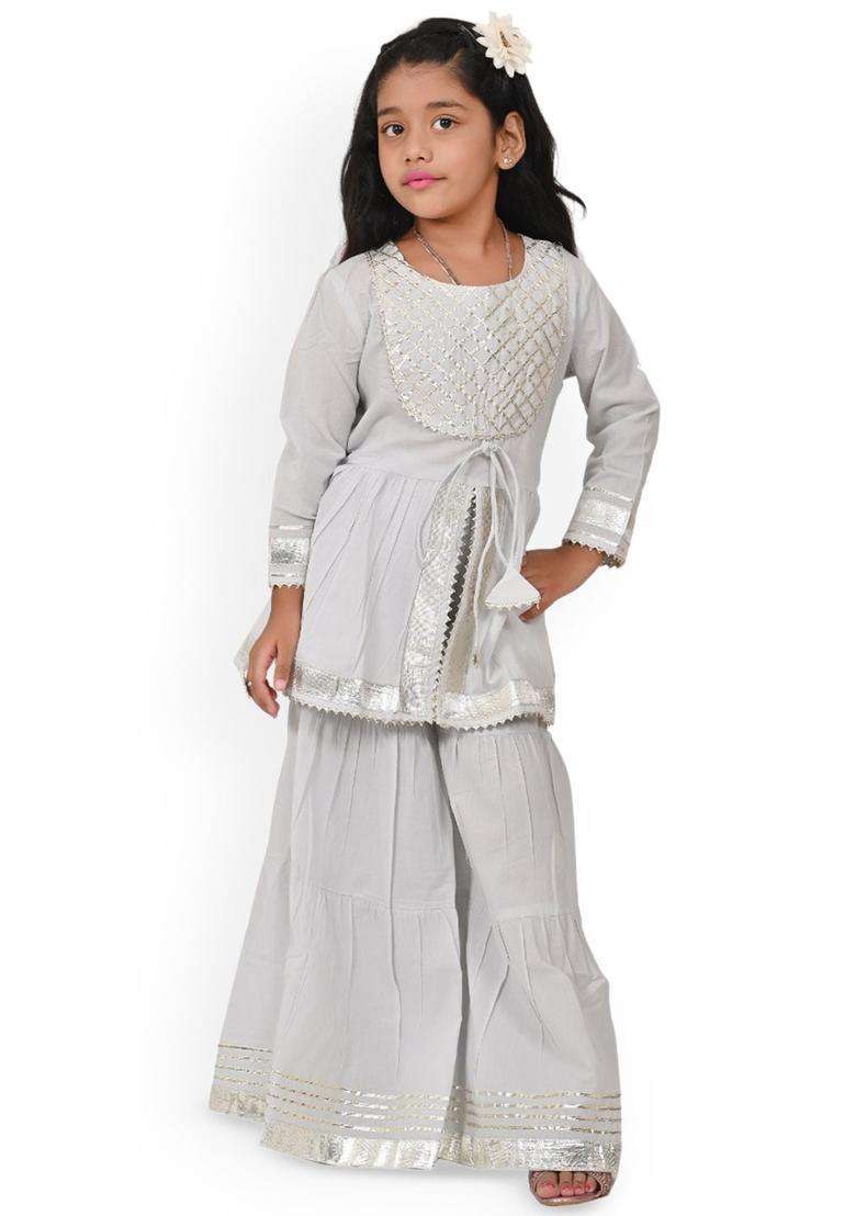 Grey Solid Viscose Kurta Set For Girls - Indya