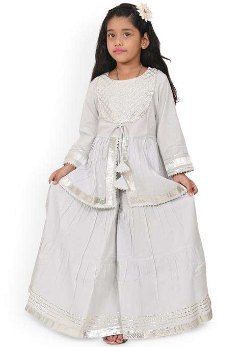 Grey Solid Viscose Kurta Set For Girls