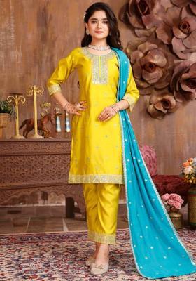 Yellow Embroidered Silk Kurta Set For Girls