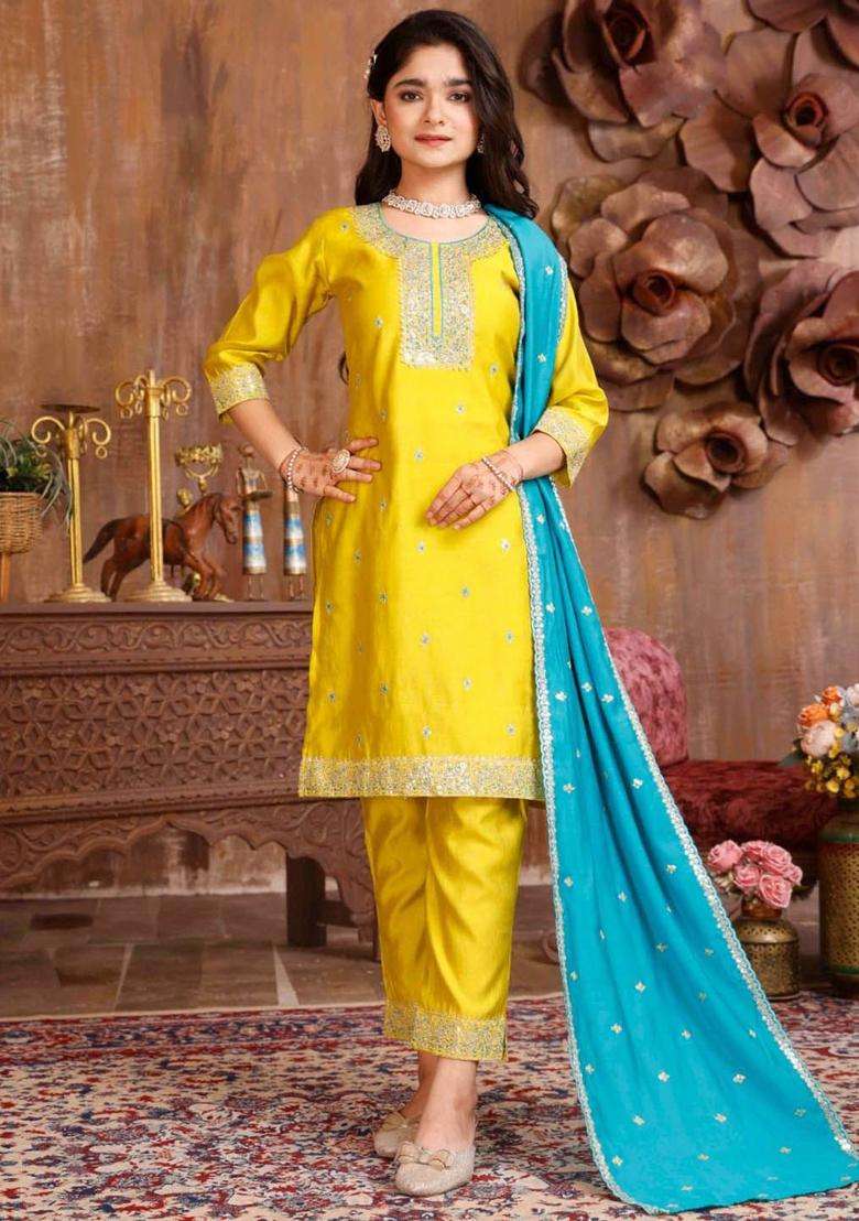 Yellow Embroidered Silk Kurta Set For Girls - Indya