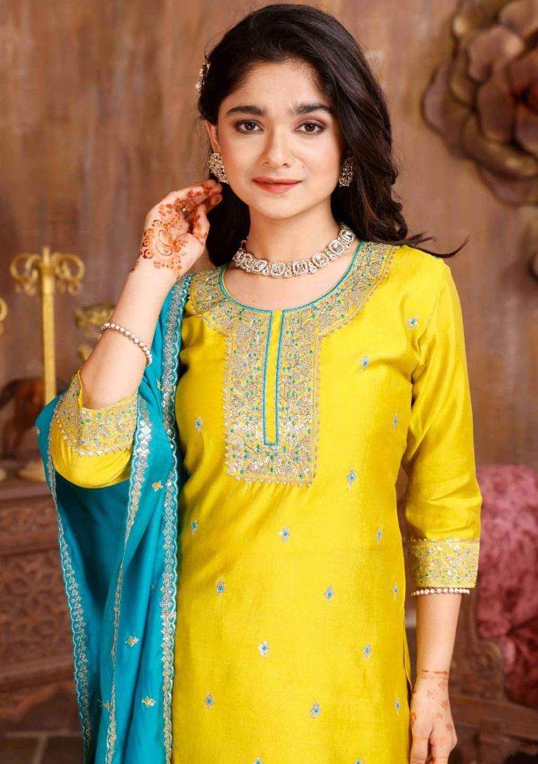 Yellow Embroidered Silk Kurta Set For Girls - Indya