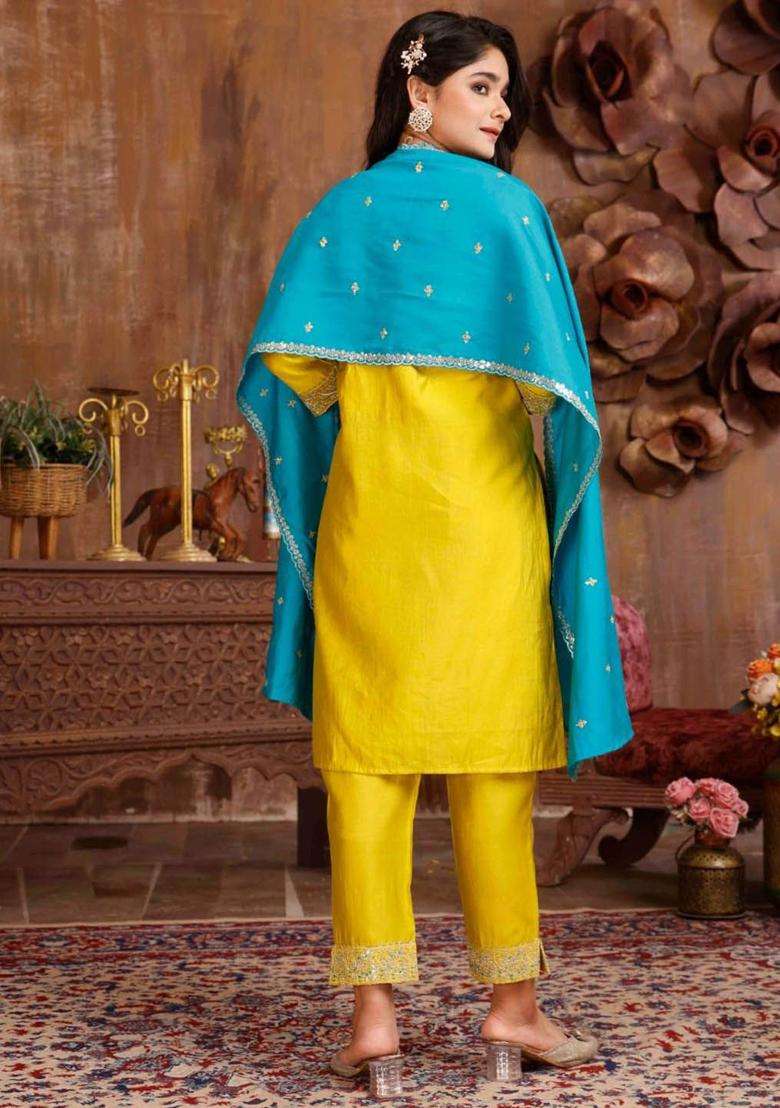 Yellow Embroidered Silk Kurta Set For Girls - Indya