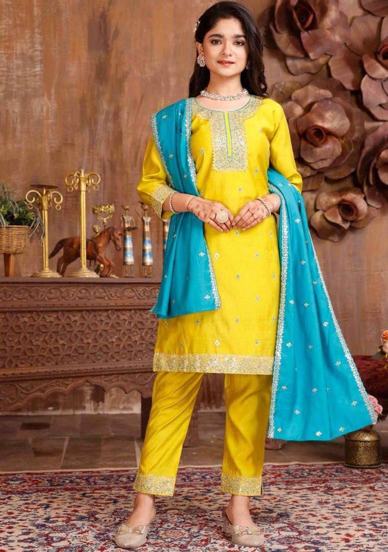 Yellow Embroidered Silk Kurta Set For Girls - Indya