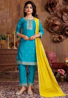 Sea Green Embroidered Silk Kurta Set For Girls