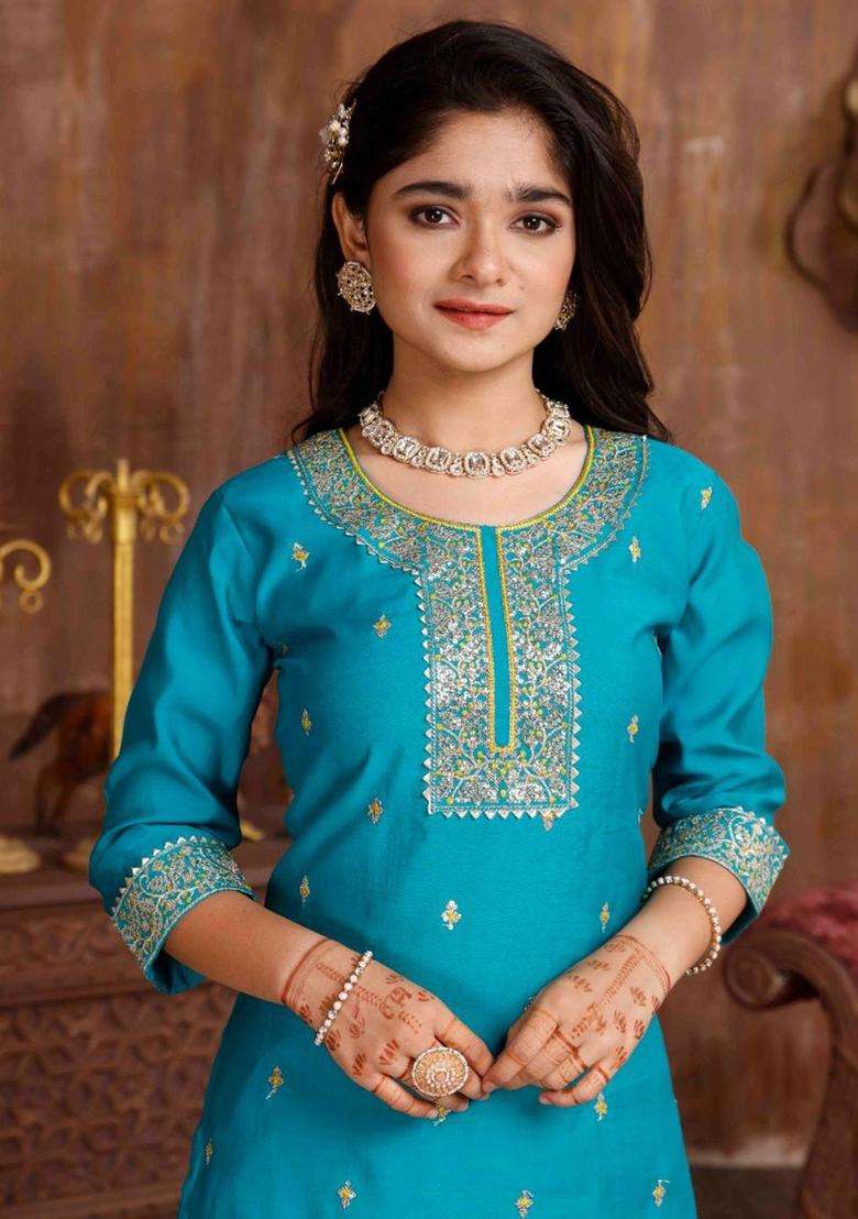 Sea Green Embroidered Silk Kurta Set For Girls - Indya