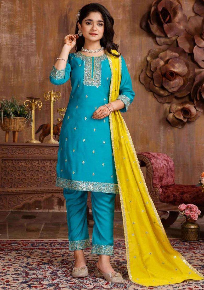 Sea Green Embroidered Silk Kurta Set For Girls - Indya