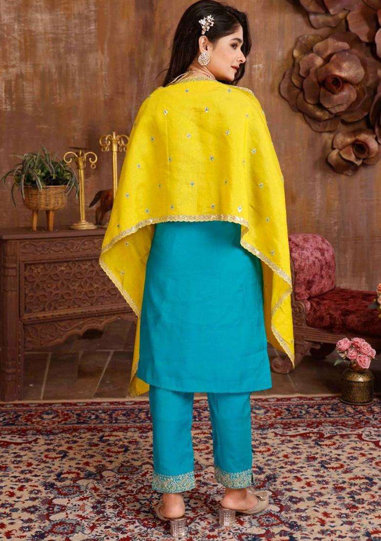 Sea Green Embroidered Silk Kurta Set For Girls - Indya