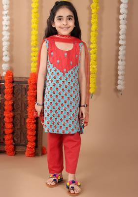 Turquoise Blue Printed Cotton Kurta Set For Girls