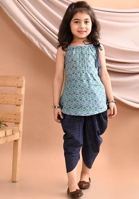 Navy Blue Printed Cotton Kurta Set For Girls